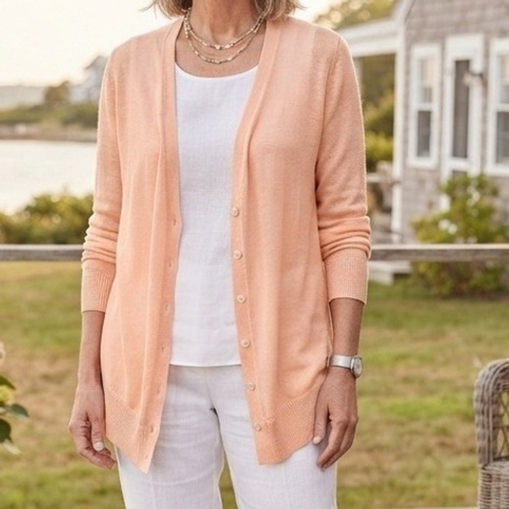 Garnet Hill linen Cardigan medium peach Sweater Knit Asymmetric minimalist